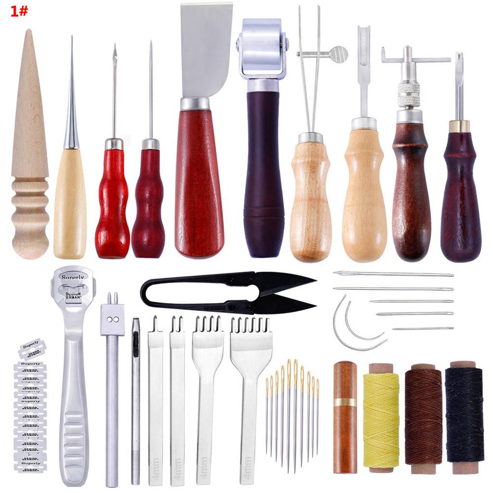 Leather Craft Hand Stitching Sewing Tools Kit Waxed Thread Awl Thimble Scissors Needles Ruler Set DIY Manual Leathercraft: 1