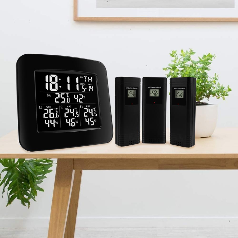 Digital Wireless Weather Station Indoor Outdoor Temperature & Humidity Hygrometer w/ 3 Sensors Alarm Clock Function LED Light