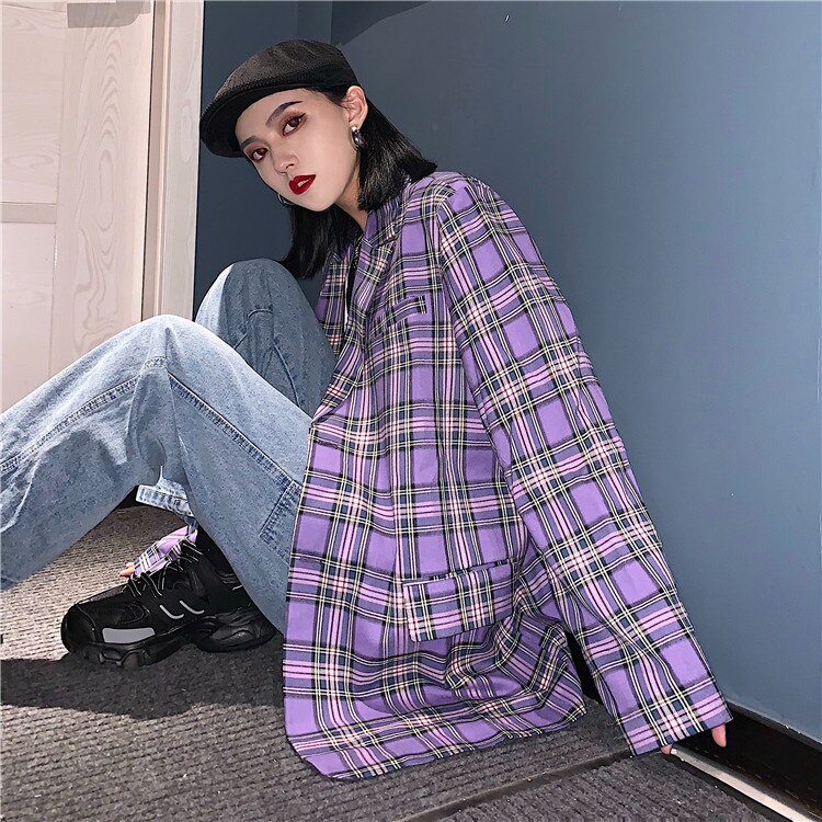 Junelove kvinder efterår lilla blazere jakker vintage plaid kvindelige løse blazere casual street oversize koreansk udtøj