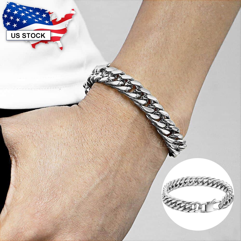 316L Stainless Steel Bracelet For Men Silver Color Tone Cut Double Curb Link Chain Rombo Mens Bracelets 10mm Wide LHB512A