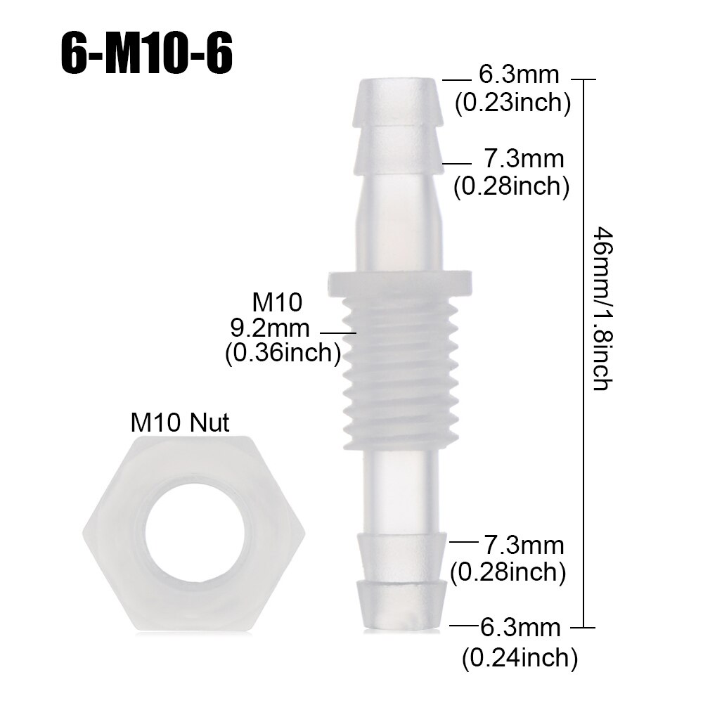 5pcs M6~M10 Thread Hex Nut PP Straight Garden Water Connectors Aquarium Fish Tank Adapter Air Pump Hose Fittings Pagoda Joints: 6-M10-6