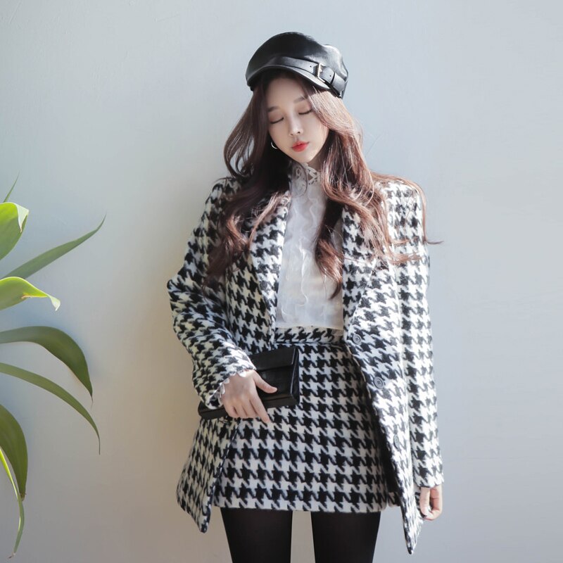 Kvinnor enkelknäppta fickor rutig kort jacka kappa + mini kjol set höst vinter kvinna tweed ull kostym kläder