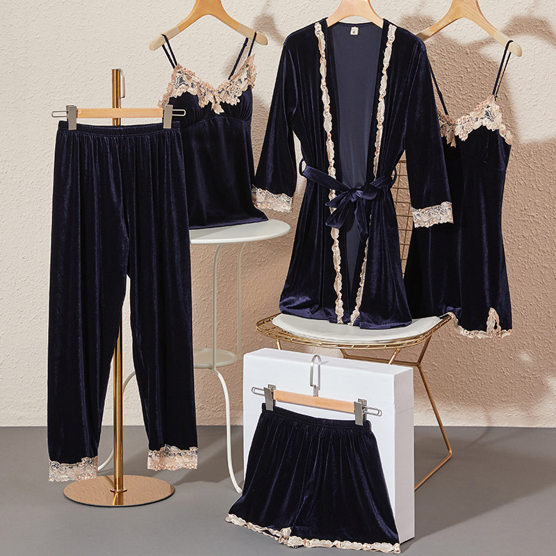 Ensemble pyjama en peluche pour femmes, 5 pièces/ensemble, chemise de nuit chaude, pour la maison, l&#39;hôtel, collection hiver-automne: navy / XL 165-170cm 65-77kg