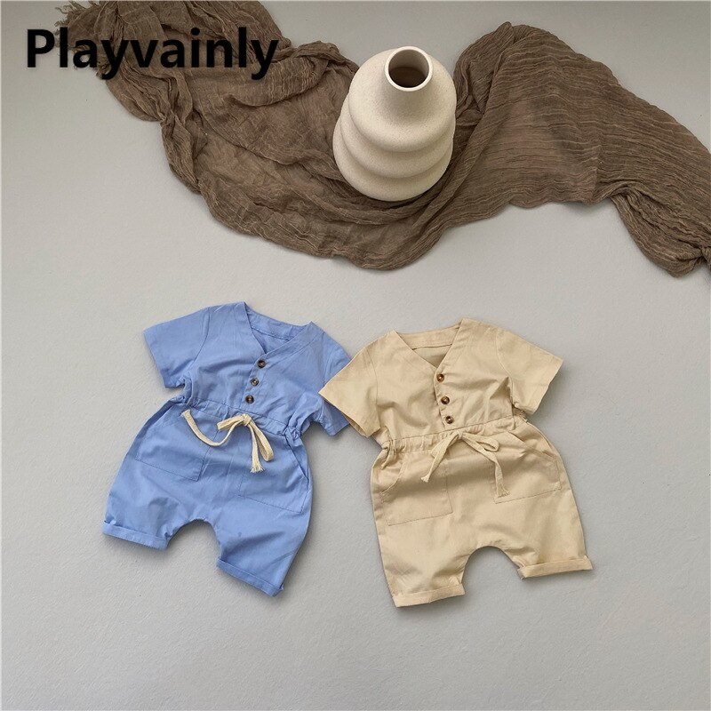 Koreaanse Baby Jongen Meisje Romper Cotton V-hals Korte Mouw Jumpsuit Pasgeboren Kleding 0-2T E100176