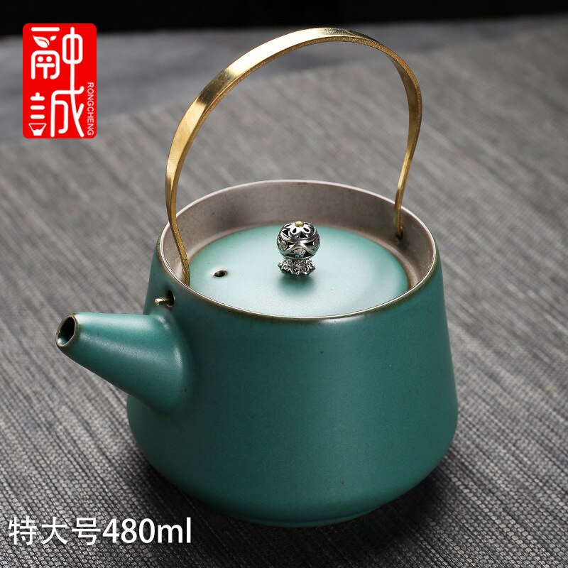 Vintage Tea Loop-handled Teapot Ceramic Retro Tea Making Device Household Copper Handles Single Teapot Tea Kettle Japanese Style: Antique Pottery  Teapot Extra Large  T Beam Pot Peacock Green 480Ml
