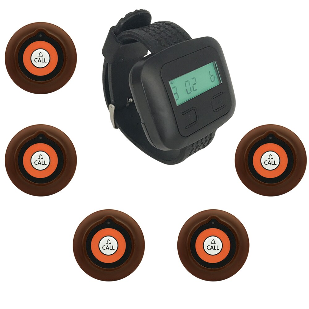 JINGLE BELLS Wireless Calling System Cafe, Hotel, Office 3 Call Button+1 Watch Pager Receiver Call Restaurant Pager System 433MH: brown 5 buttons