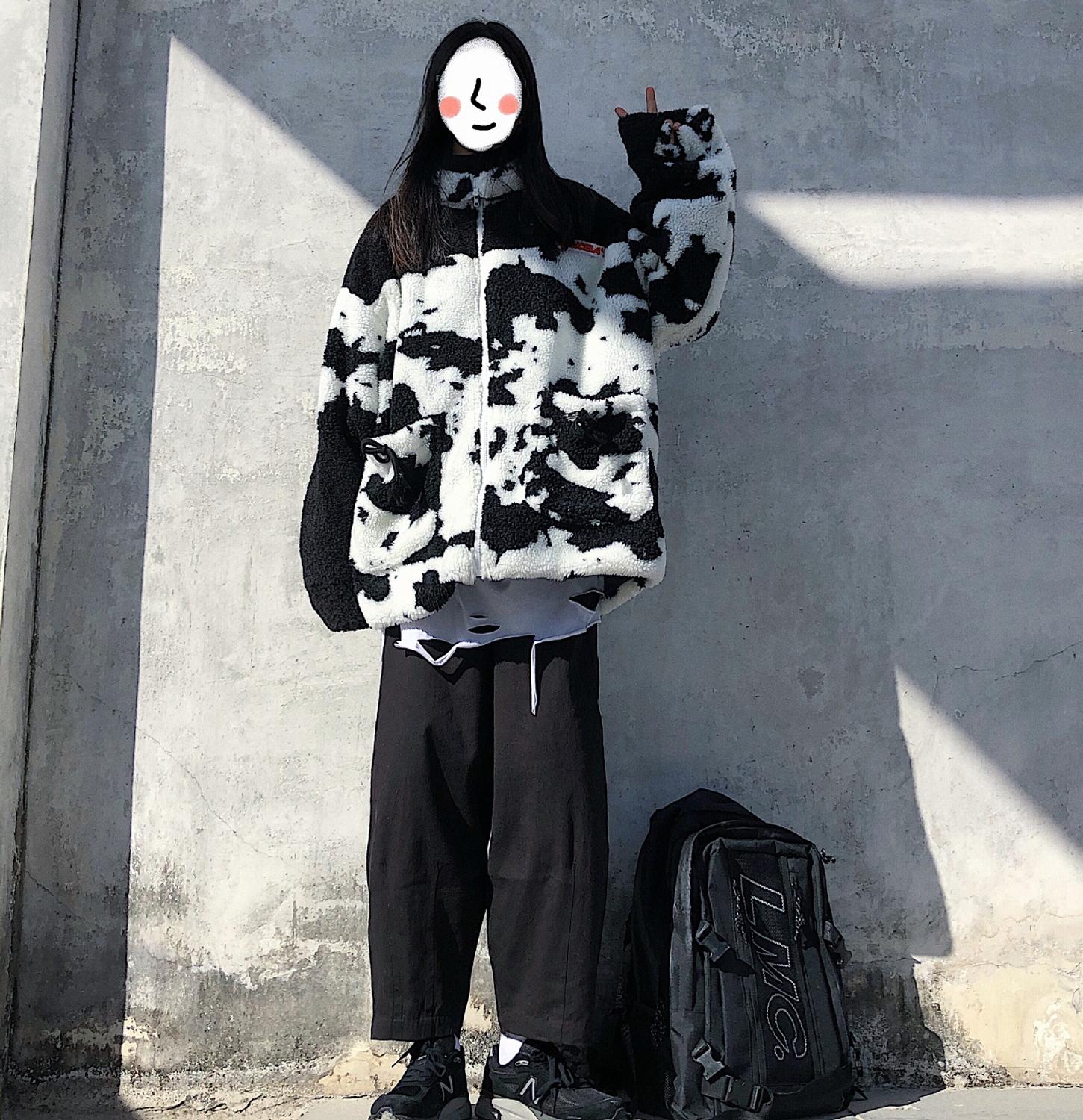 Cow Pattern Winter Padded Coat Patchwork Parka Hip Hop Jacket for Women Fleece Warm Outwear Windbreaker Streetwear Harajuku