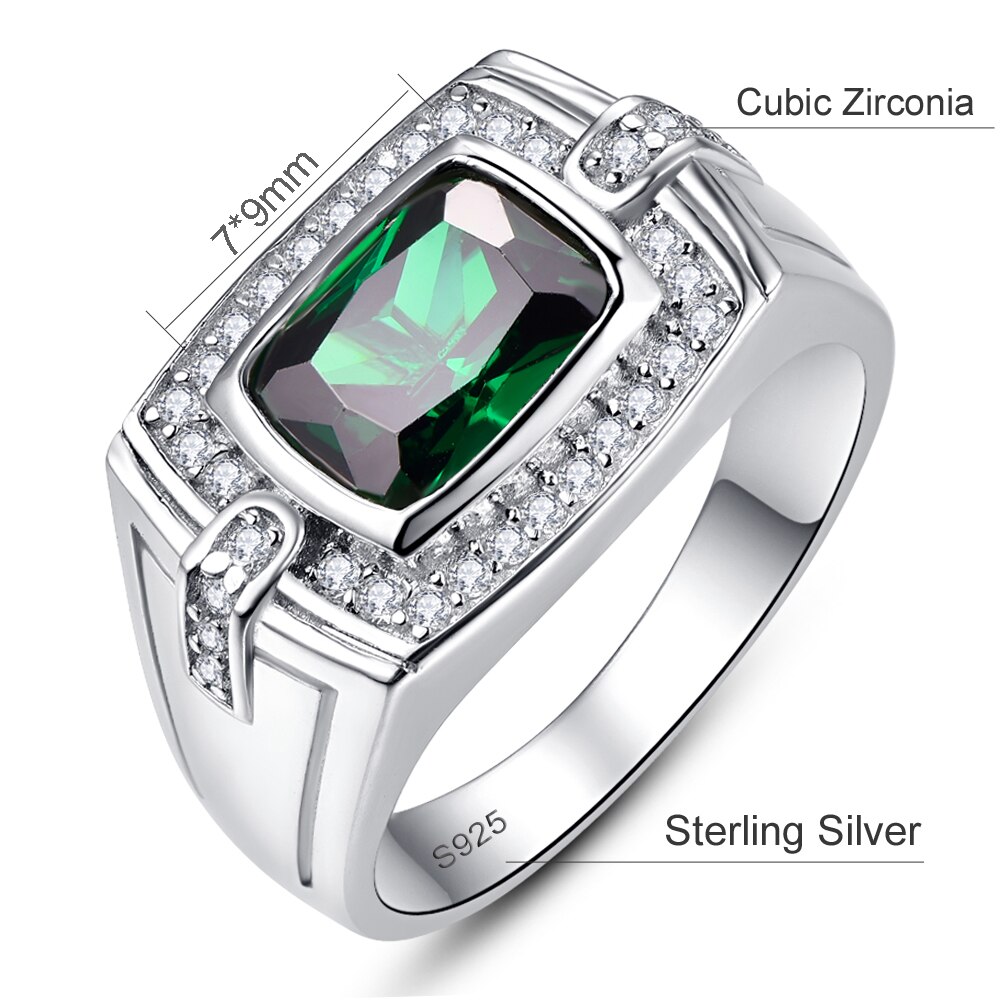 Bonlavie 925 Sterling Silver Lunga Cuscino Verde Smeraldo con Piccolo Diamante Degli Uomini di Anello per La Cerimonia Nuziale E Regalo di Fidanzamento