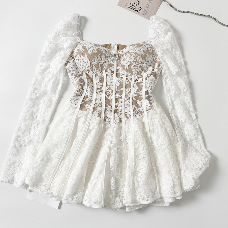 Lace Dress Women Long Sleeve Fishbone Slim Waist Sexy Dress Evening Party Casual Embroidered Floral Mini Dress Female