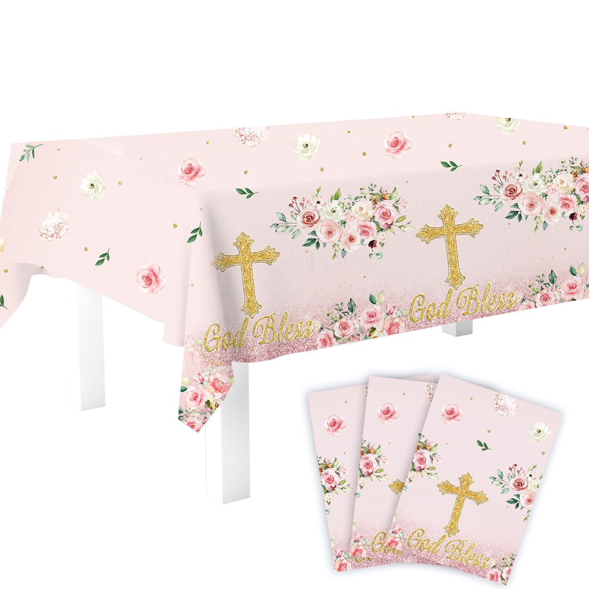 Dukdekorasjoner rosa nattverd dåp blomst kors festutstyr nattverd duk servise sett baby dusj