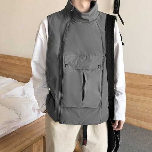 Vesten Mannen Kant Ritsen Zakken Solid Chic Warm Retro Grote Maat 2XL Oversize Heren Cargo Vest Dagelijks Uitloper Ulzzang Chic: gray / M