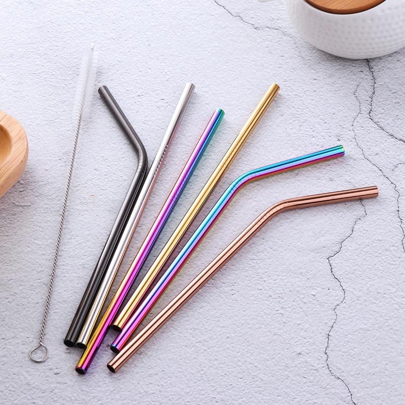 4 Pcs 6mm Straw with Cleaner Brush Short cocktail tubes Long Metal Drinking tubules Drink Straws For Smoothies Tapioca Milk Tea
