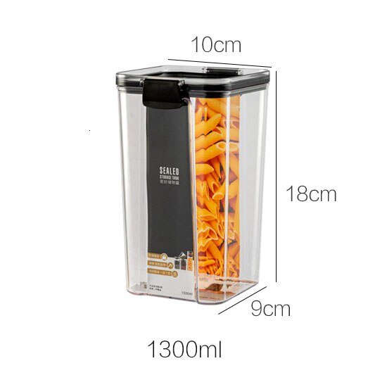 Airtight Food Storage Container Kitchen Dry Food Snacks Storage Organizer Almacenamiento Cocina Clear Plastic Jars Canisters: 1300ml