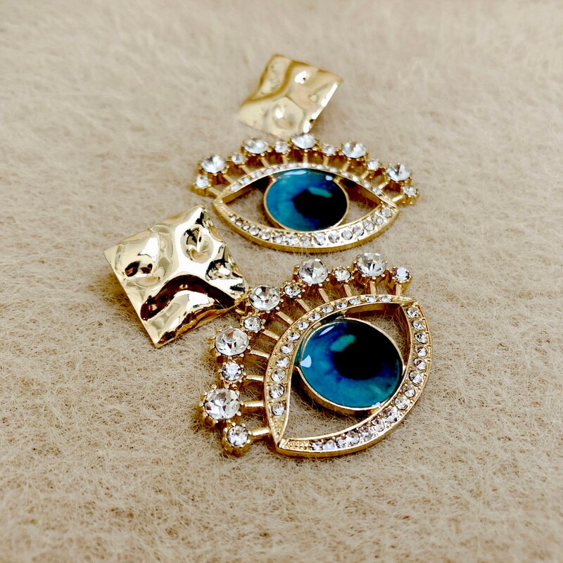 F.J4Z Women's Eye Earrings Classic Blue Eyeball Sparkling Crystal Eyelash Earring Lady Party Earring