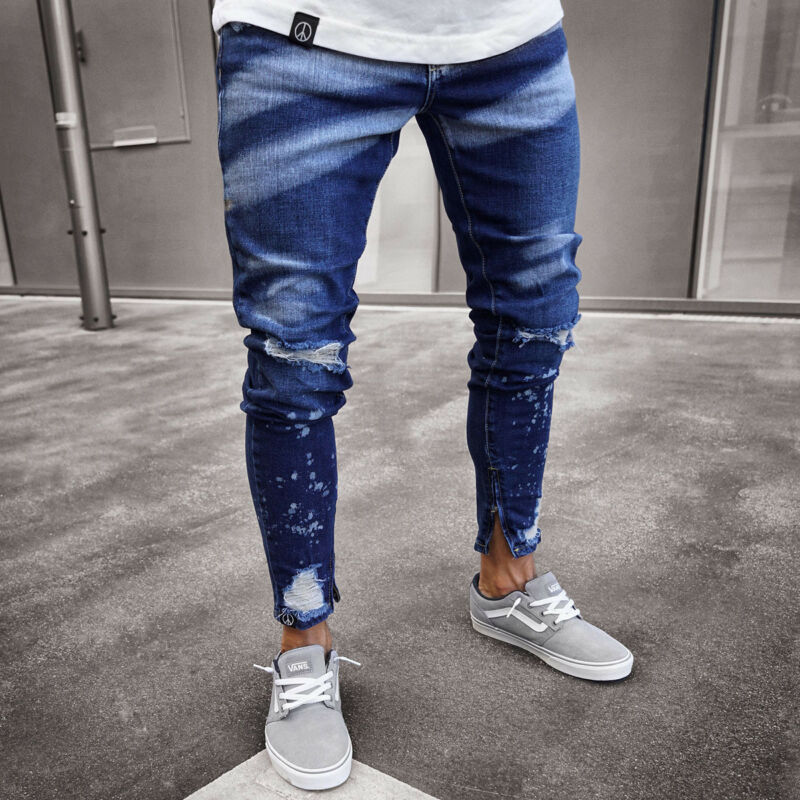 Mænds ripped skinny distressed destroyed slim fit stretch biker jeans bukser med huller jeans slim fit denim bukser bukser