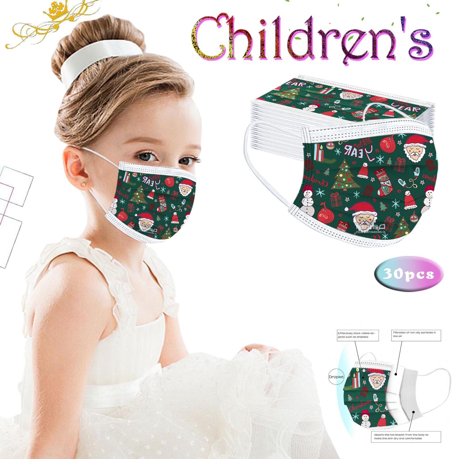 25# 10pc kindermaskers met kerstprint, wegwerpmaskers, stofdicht masker, anti-stofmaskers met oorlussen en oorlussen.