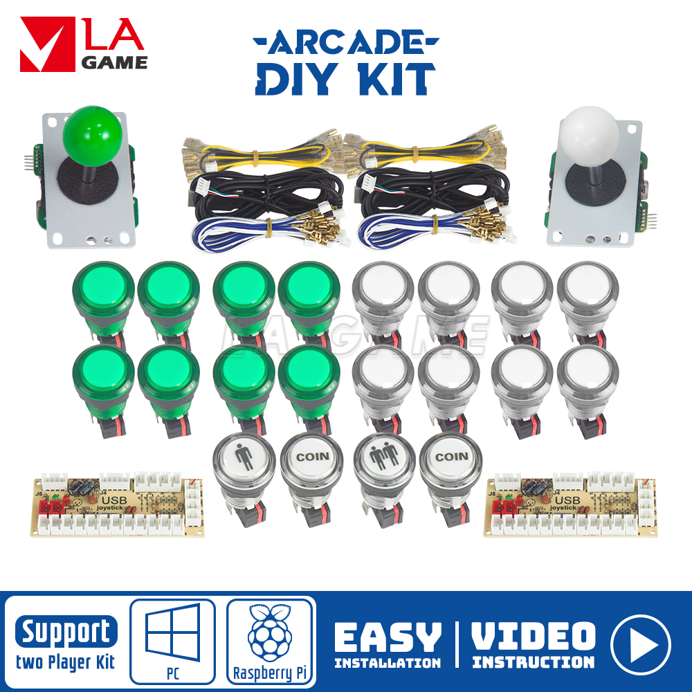 Kit Arcade 2 Speler Nul Vertraging Mando Arcade Usb Encoder Om Pc Rasberry Pi 33Mm Led Drukknop Joystick usb Arcade Kast: White and green