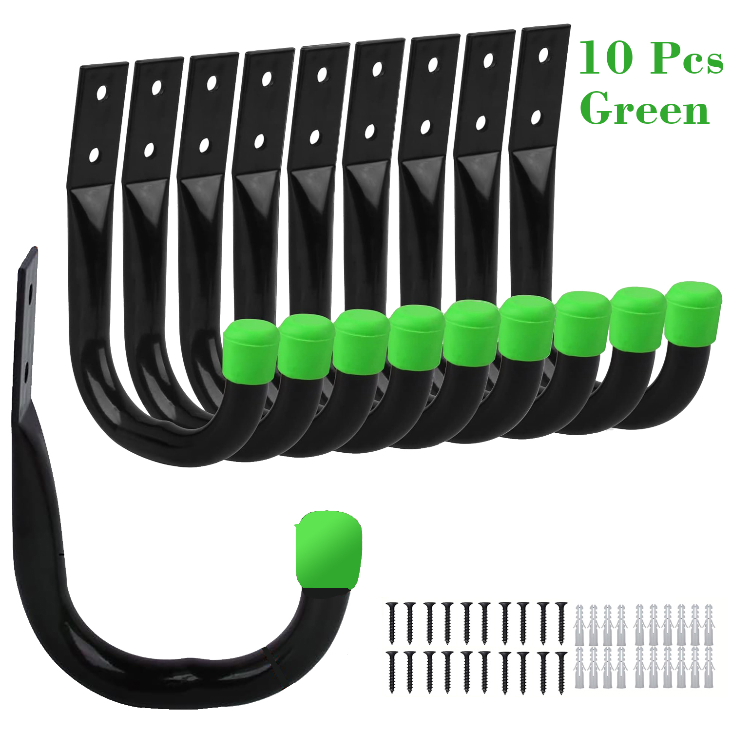 Pack of 6 Heavy-Duty Garage Hooks for Hanging, Large Garage Storage Hooks for Extension Cord Tool Cable, Black Wall-Mounted J Practical Hooks with Wall Anchors and Screws: light green