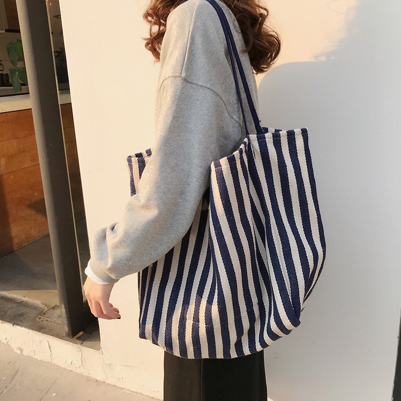 Cotton Stripe Canvas Shopping Tote Shoulder Carrying Bag Eco Reusable Bag Zippered Small Shopping Bag