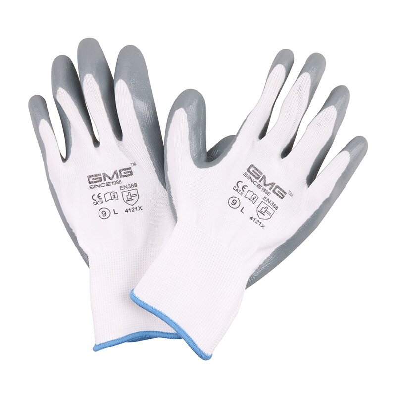 GMG CE Certificated EN388 White Polyester Grey Smooth Nitrile Work Safety Gloves Work Gloves Mechanics