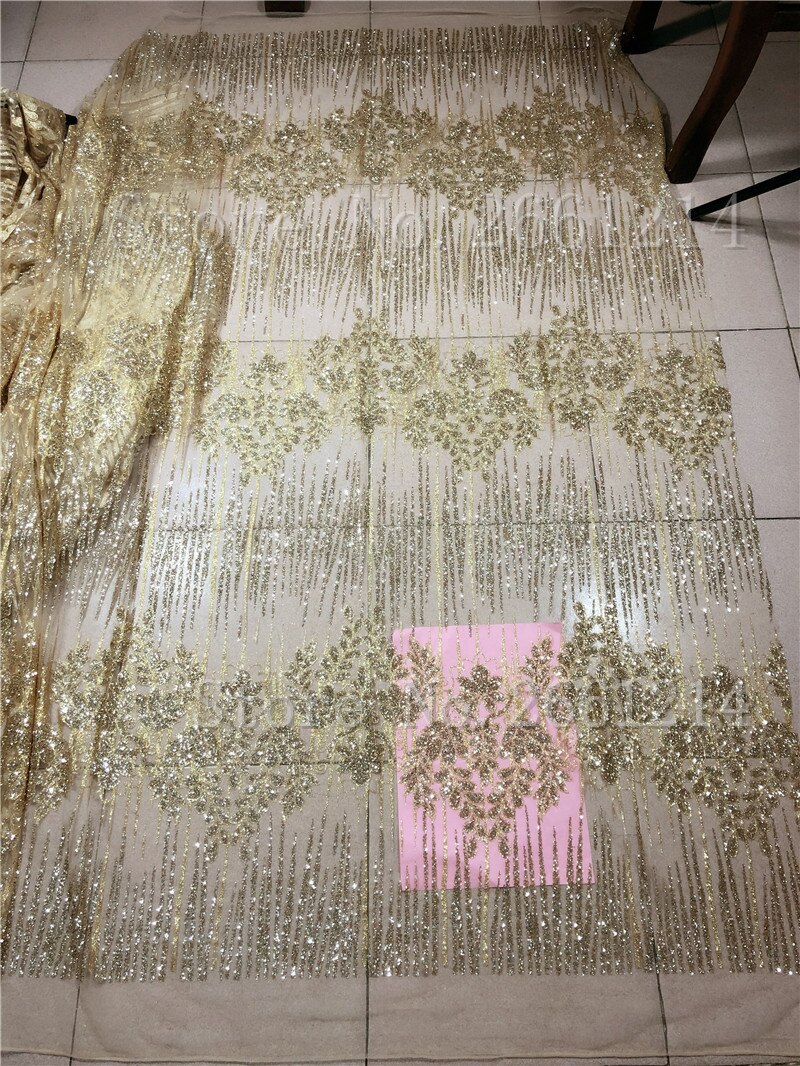 Gold Color Glued Glitter African Tulle Mesh Lace Fabric Best Nigerian Embroidery Net Lace Fabric 3727