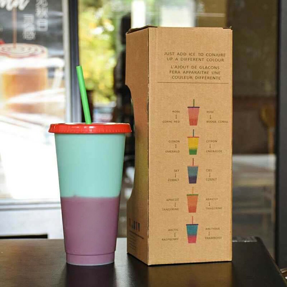 5 sztuk 700ml zmiana koloru wielokrotnego użytku zimne kubki plastikowe mrożony kubek zimny napój kawy sok kubki podróżne ze słomką