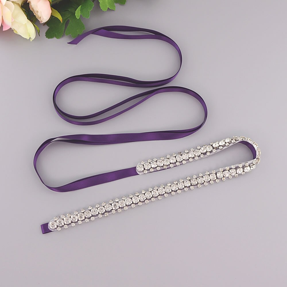 ZMS42 Rhinestone Belt with Ribbon Sequin Bridal Thin Wedding Dress Sash Sparkly Silver Party Women's Belts Accessories: Purple