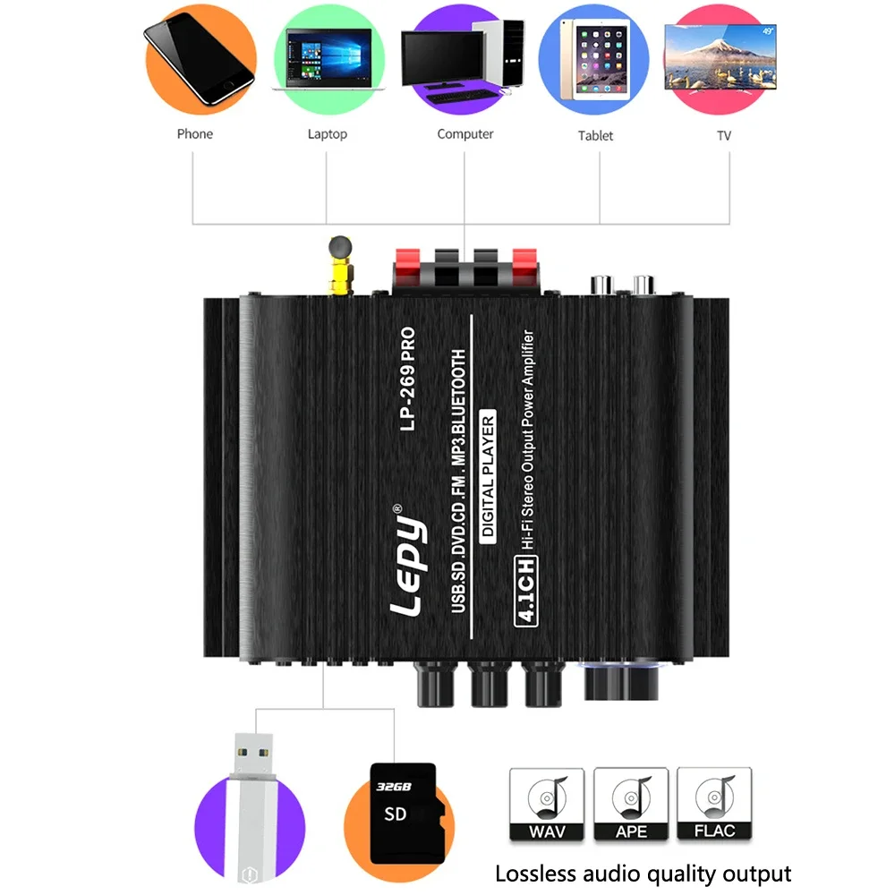 Audio Power Amplifier Bluetooth 5.0 Home Amplifiers Coaxial In USB SD FM Function Home Theater Sound System 4.1 CH LP-269PRO