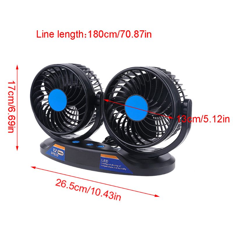 Dual Head 12V Car Fan 12 Speeds 360 Rotatable with Temperature Humidity Display LX9B
