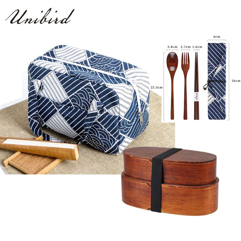 Unibird Japanese Syle Wooden Lunch Box Double Layer Natural Wood Bento Box Food Container for Kids Adults