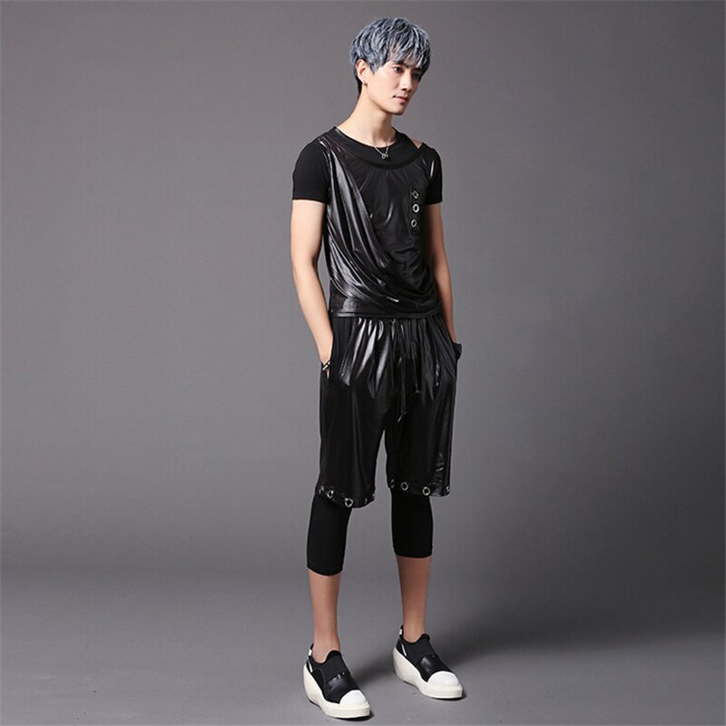 Pantalones elásticos punk de primavera y verano para hombre, traje para actuación de discoteca, leggings casuales vintage para hombre, pantalones de retales de imitación de cuero