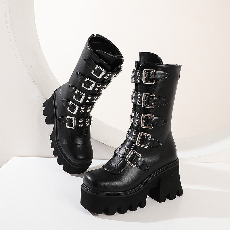 ASUMER nouvelle mi-mollet bottes femmes Style européen talon carré plate-forme bottes boucle populaire punk chaussures dames noir