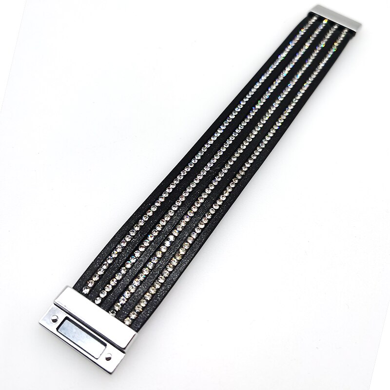 Pulseras de cuero de cristal negro para mujer, brazalete ancho con tiras, varias capas, estilo bohemio, joyería,