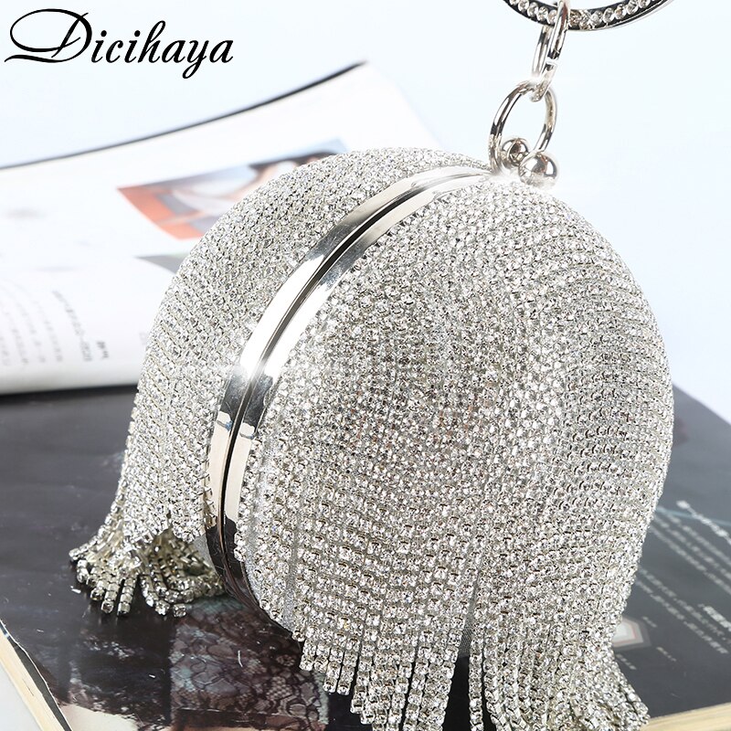 DICIHAYA Tassel Rhinestones Women Evening Bags Chain Shoulder Bag Lady Pearl Handbags Diamonds Round Wedding Party Clutch Bags