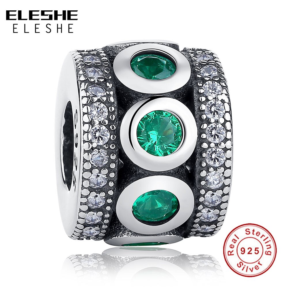 ELESHE Authentische 925 Sterling Silber blendend Zirkonia Grün Stein Runde Reize passen Ursprüngliche Armbinde Korn Schmuck DIY Herstellung