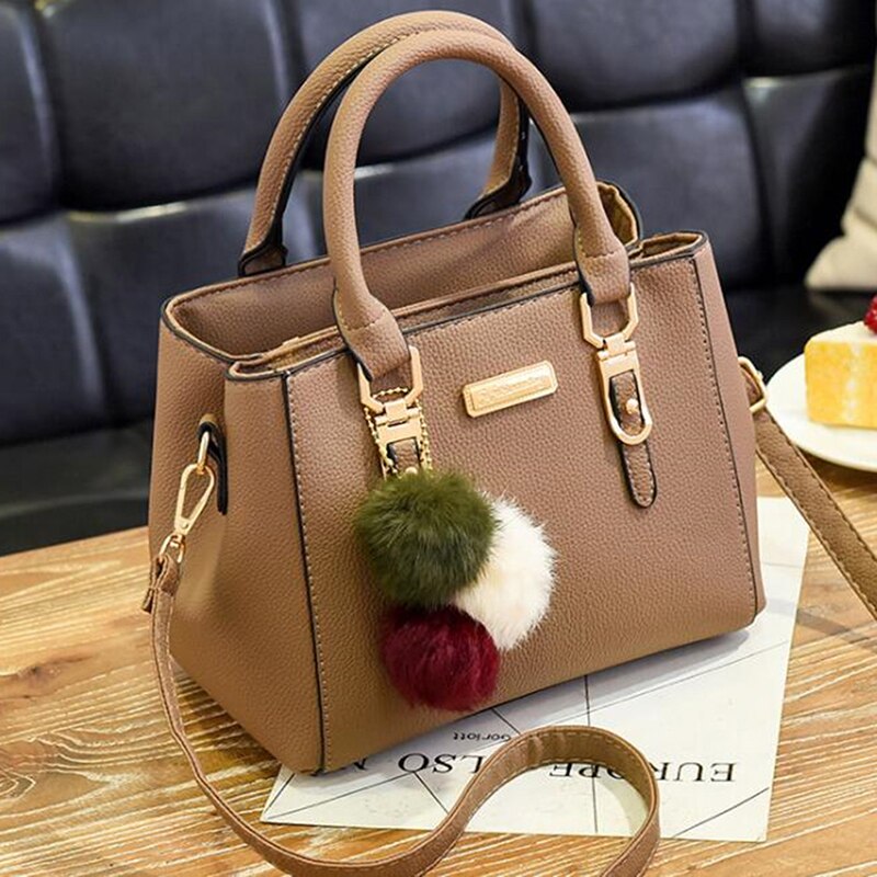 Women Furry Ball Multifunction Pu Leather Waterproof Handbag Simple Women's Large Capacity Diagonal Bag: Khaki