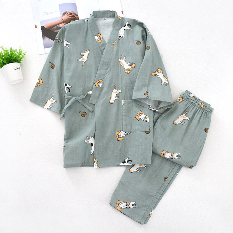 Japanse Stijl Kimono Katoen Nachtkleding Hoge Nachtkleding Dagelijks Nachtjapon Lingerie Sexy Leuke Pyjama Set Femme Pyjama: Green men / M