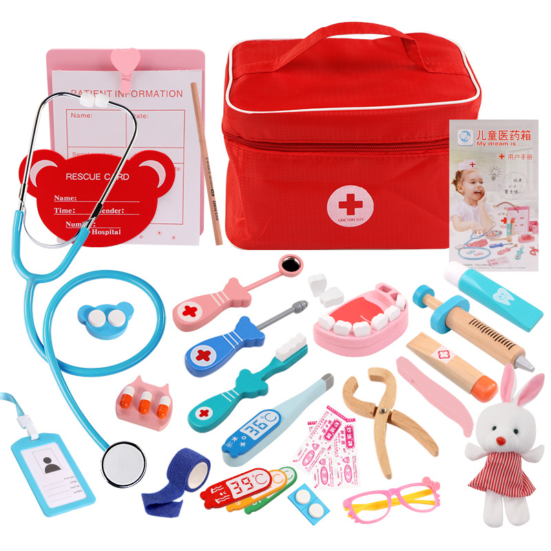 Children's Wooden Simulation Cloth Bag Medicine Box Baby Boy And Girl Family Friendly Simulation Doctor Injection Toy: A