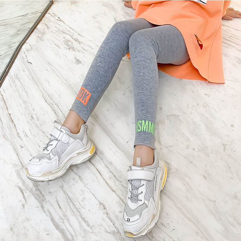 Leggings de printemps et d&#39;automne pour adolescentes, pantalons d&#39;école en coton avec lettres imprimées en noir et gris, pour enfants de 8, 10, 12 et 14 ans