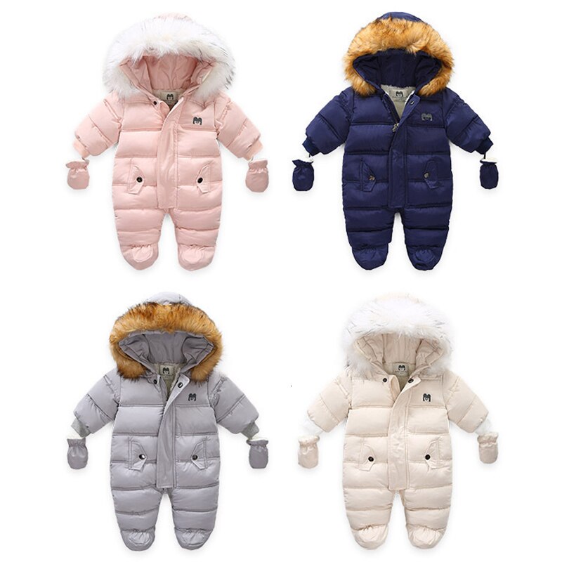 Winter Warm Baby Meisjes Jongens Rits Down Sneeuw Wear Jumpsuit Met Handschoenen Mode Peuter Lange Mouw Hooded Thicken Romper Outfit