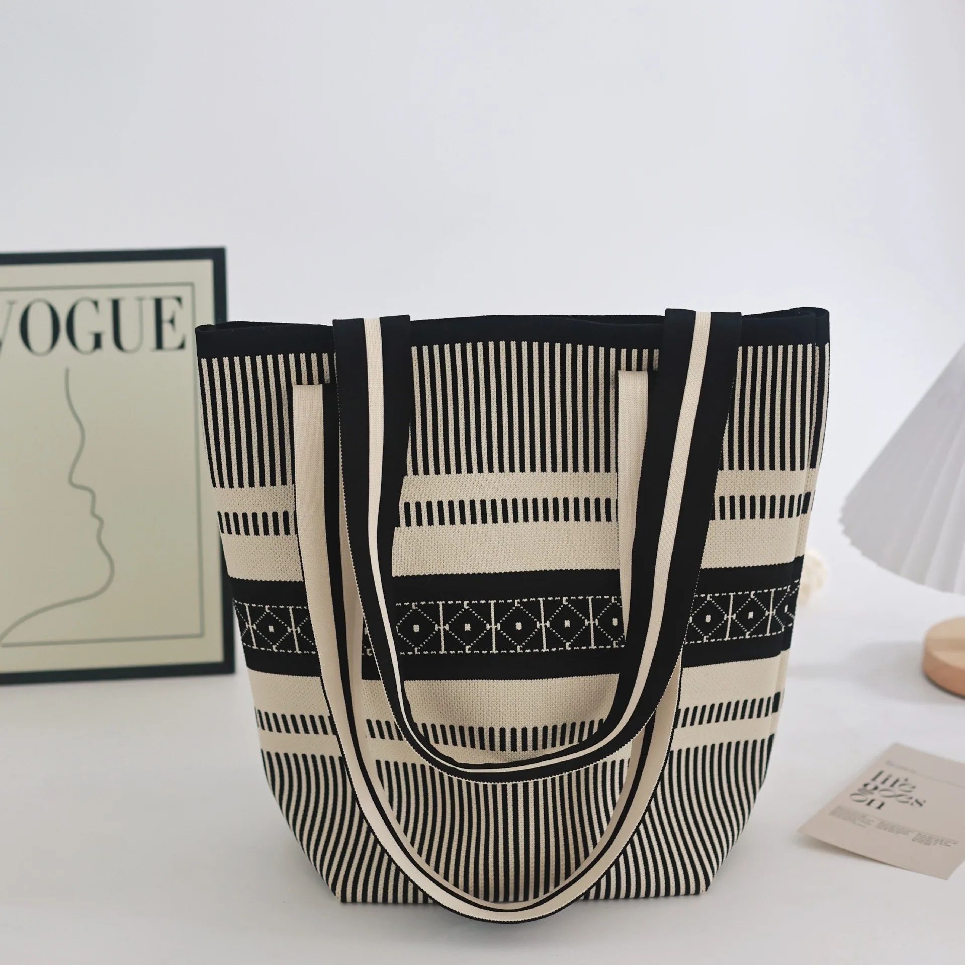 Bolso tipo cubo de punto de alta gama, bolso de hombro para mujer, bolso de de gran capacidad, estilo minimalista Neutral, fibra de poliéster: Blanco