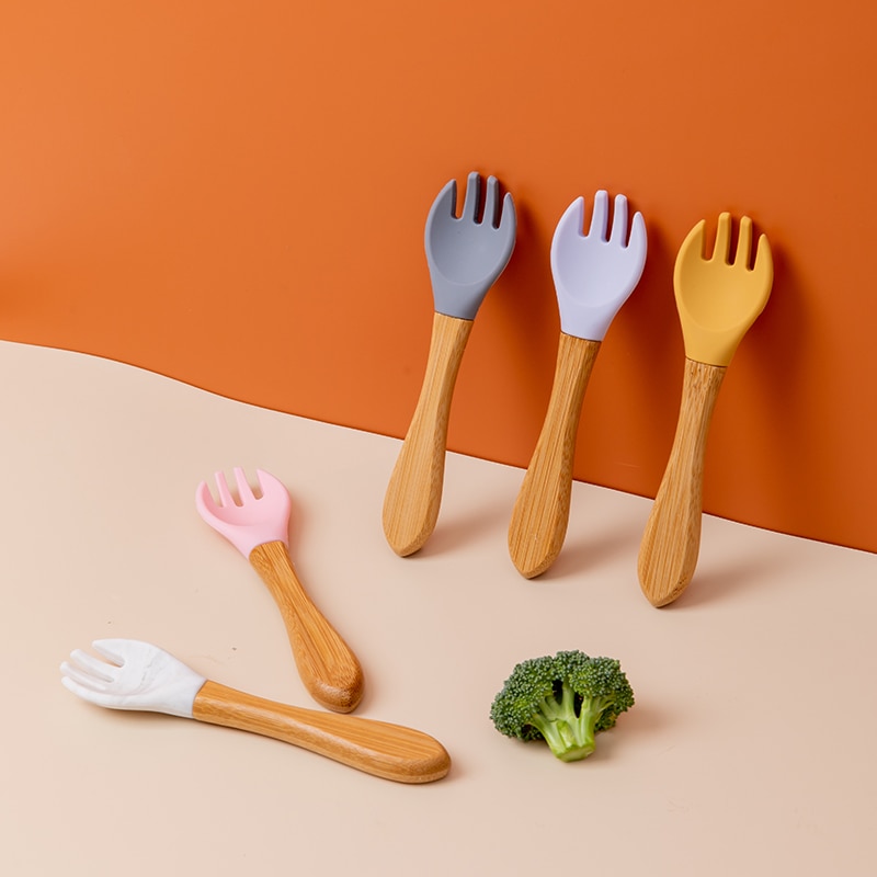 1pc Holz Silikon Baby Löffel Gabel Sicherheit Fütterung Geschirr Umwelt freundliche Kleinkind Baby Fütterung Zubehör Utensilien