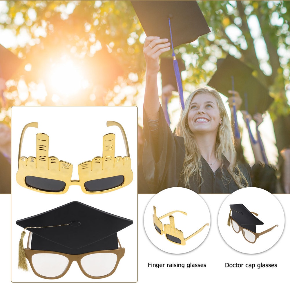 2 stuks nep-afstudeerbrillen en middelvingerbrillen voor rockfeestjes, afstudeeraccessoires (goudkleurig zwart)