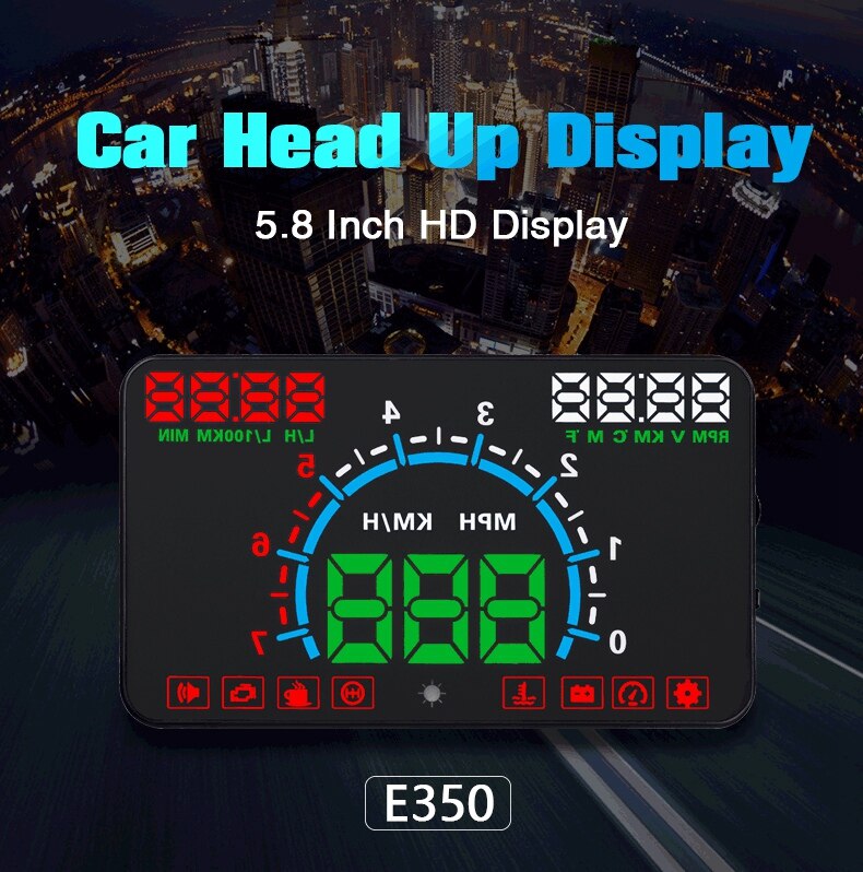 E350 5.8 Inch Car Head Up Display Windsn Projector OBD2 Car Driving Data Speeding Warning MPH Fuel Speeeter