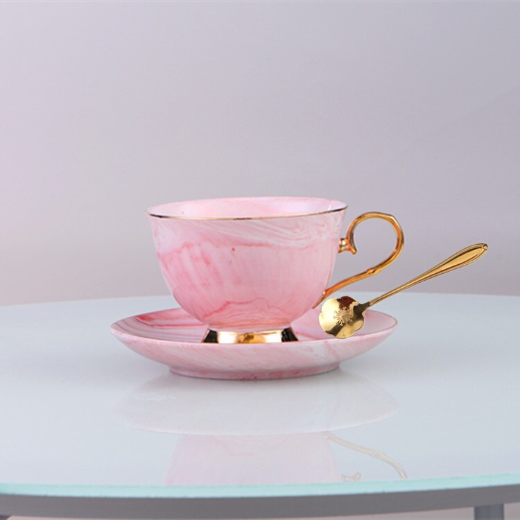 Marmor Keramik Kaffee Tasse Untertasse Löffel Einfache Frühstück Luxus Gold Rand Kaffee Tasse Reise Tazas De Cafe Tassen Und Untertassen Sein50CU: Rosa