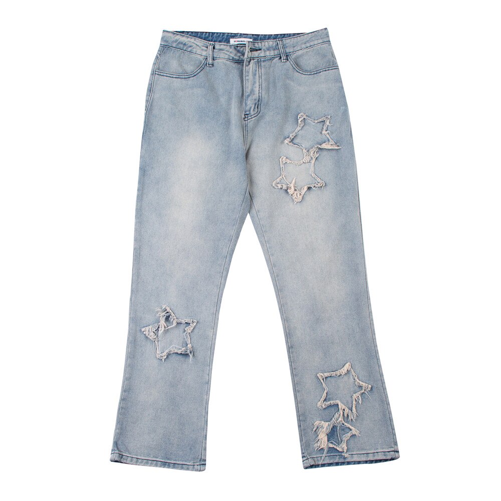 Star Patch Embroidery Denim Pants Mens High Street Flared Pants Streetwear Distressed Loose Casual Jeans Trousers Men: S