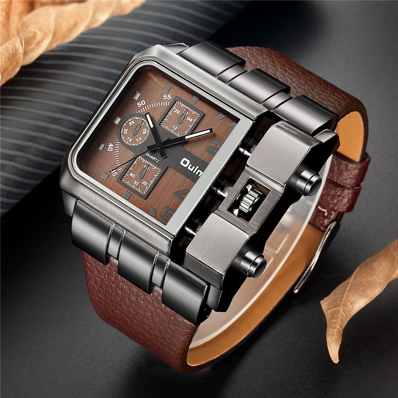 OULM Originele Unieke Vierkante Mannen Polshorloge Brede Big Dial Casual Lederen Band Quartz Horloge Man Sport Horloges