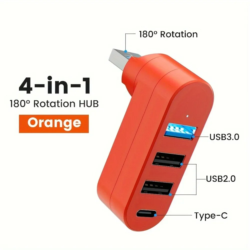 Hub USB 3.0 a 4 porte 90 ° 180 ° Trasferimento dati di alimentazione USB A 1 USB C ruotabile per laptop, auto, iMac, MacBook Air Pro, PC Adapte: orange