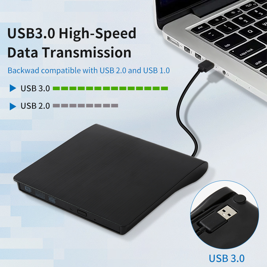 AMMTOO External CD DVD Drive USB 3.0 Portable Fits for DVD-R DVD-RW Player Burner for PC Laptop Computer Windows 10/8/7