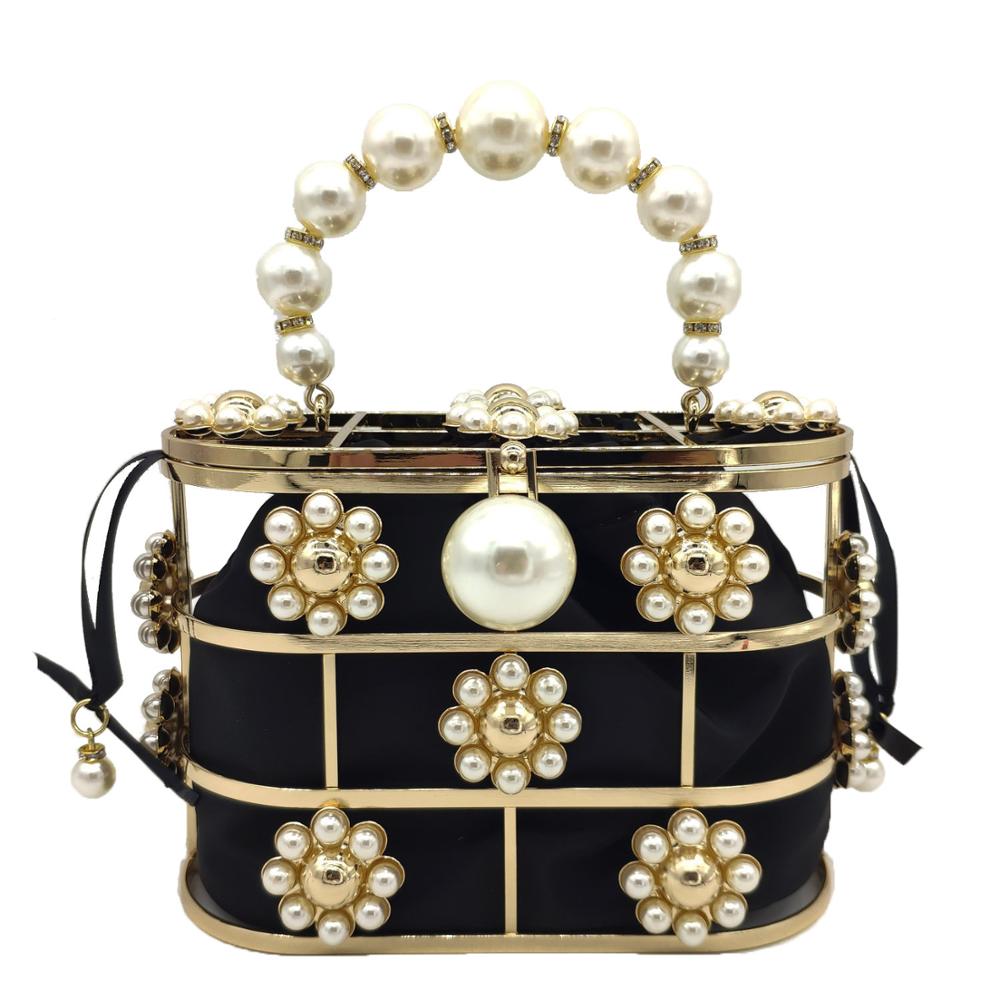 Boutique De FGG Pearl Top-Handle Black Bucket Women Flower Evening Bags Bridal Chain Shoulder Bag Wedding Purses and Handbags